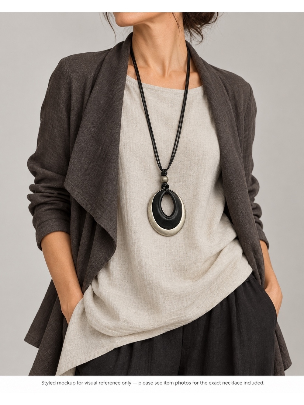 Sarah Pacini Black Leather & Pewter Statement Necklace Made in Italy